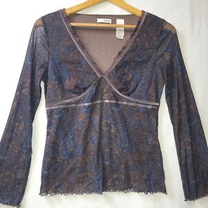Vintage Tint Y2K Mesh Top Women's Size Medium Paisley Print Babydoll Velvet Trim